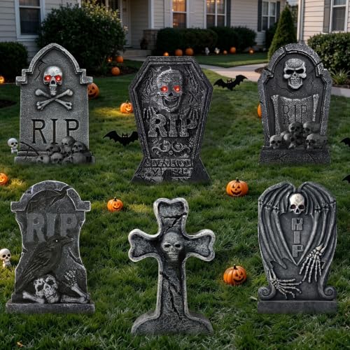 Halloween Graveyard Tombstone Decorations Set of 6 with Stakes - 17 Inch Outdoor Yard Signs for Halloween Party & Lawn Decor