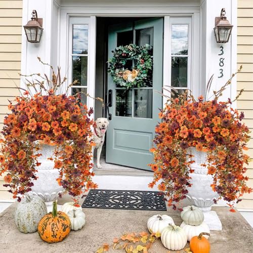 Artificial Fall Hanging Flowers Plants - Faux Silk Mums for Outdoor & Indoor Decor, 4 Pack - Fall Orange Brown