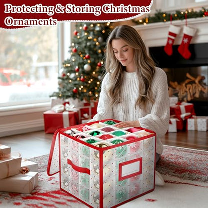 Christmas Ornament Storage Box with Adjustable Dividers - 2 Pack, Red & White