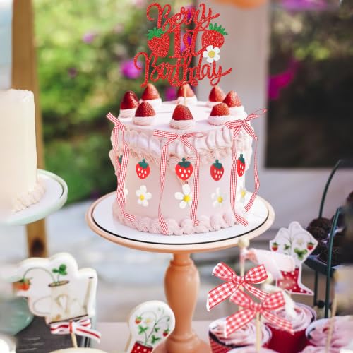 41 pcs Strawberry Cake Decorations Set with Bow & Flower Toppers - Design 19