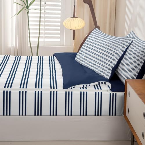Navy Blue & White Zipper Bedding Set - Twin Size with Comforter & Sheets - Variation: Navy Blue White