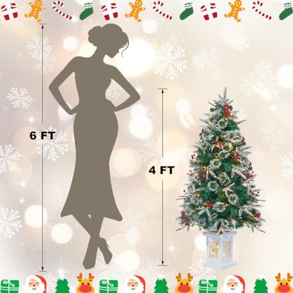 4 Ft Pre-Lit Artificial Christmas Tree with Snow-Flocked Branches & Potted Lantern Base - 1 Pack - Variation of 1 / 4ft