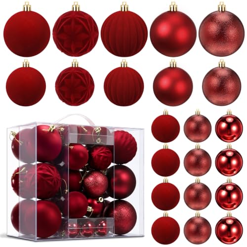 52 Pcs Velvet Christmas Ball Ornaments Set - Burgundy Flocked Holiday Decorations