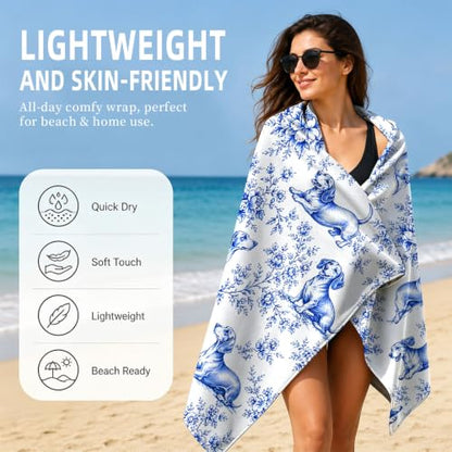 Dachshund Beach Towel 30x60 Inches - Blue Wiener Dog Pattern, Absorbent Microfiber for Pool & Beach