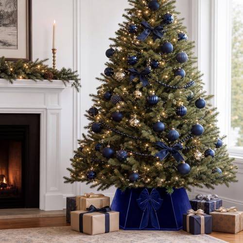 Navy Blue Velvet Hexagonal Christmas Tree Collar with Bow 24 Inch - Skylety