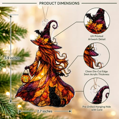Halloween Witch Black Cat Ornament - Gothic Acrylic Stained Glass Style for Tree