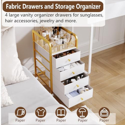 White & Gold Rolling Makeup Organizer Cart with 4 Drawers and Divided Top