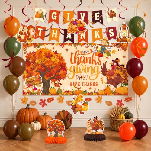 Thanksgiving Decorations Kit with Give Thanks Banner, Balloons & Backdrop - Fall Harvest Celebration Set