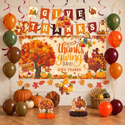 Thanksgiving Decorations Kit with Give Thanks Banner, Balloons & Backdrop - Fall Harvest Celebration Set