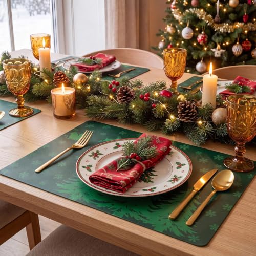 Christmas Vinyl Placemats Set of 6 - Green, Rectangular, 12 x 17 Inches - Holiday Table Decor