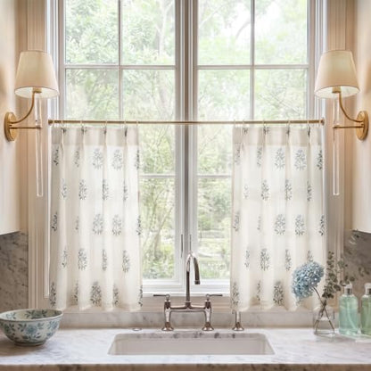 Blue Green Floral Cafe Curtains Set of 2, 24W x 24L Linen Farmhouse Tier