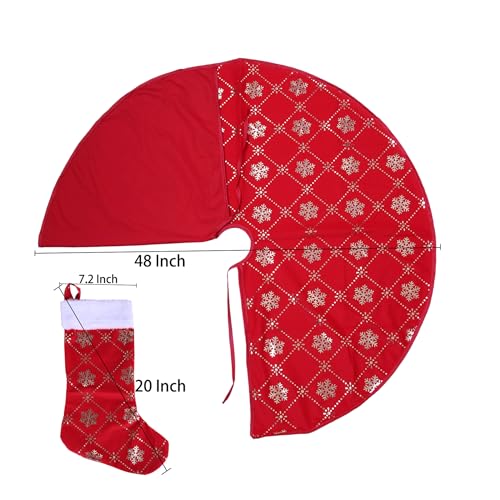 Christmas Tree Skirt 48 Inches Red with Gold Sequin Snowflakes - Holiday Decor