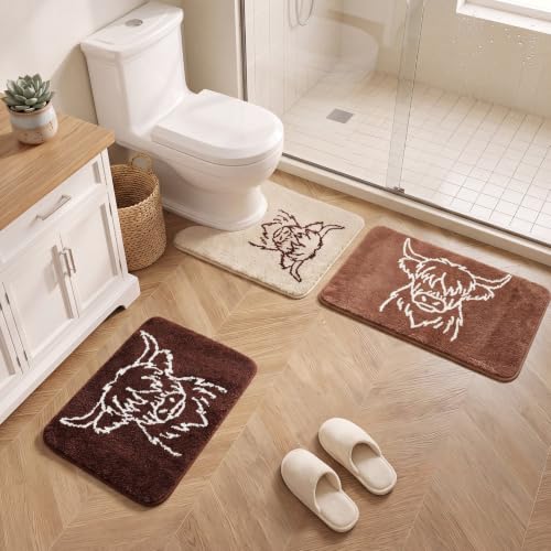 Highland Cow Bathroom Rugs Set - 3 Piece Non Slip Bath Mat Collection