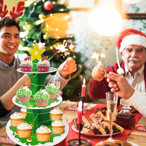 Christmas Dessert Cupcake Stand 3-Tier Green Cardboard Holder for Xmas Parties