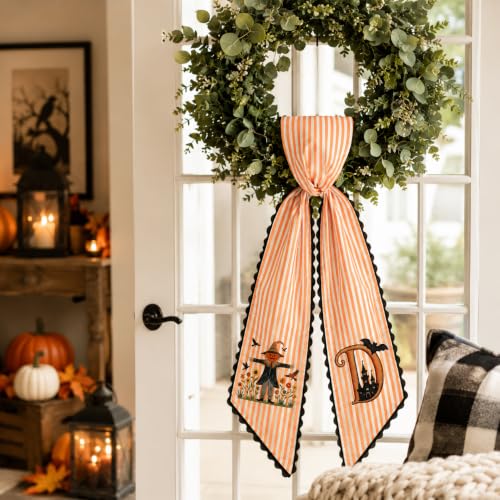Halloween 07 Fall Wreath Sash with Monogram and Harvest Decor - Autumn Door Accessory