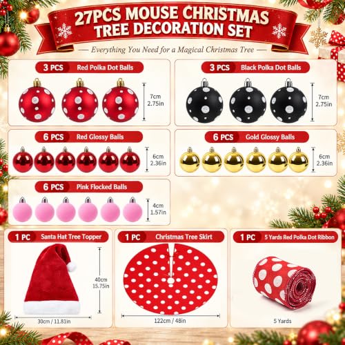 27Pcs Christmas Tree Decoration Set with Polka Dot Ornaments and Tree Skirt