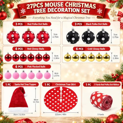 27Pcs Christmas Tree Decoration Set with Polka Dot Ornaments and Tree Skirt