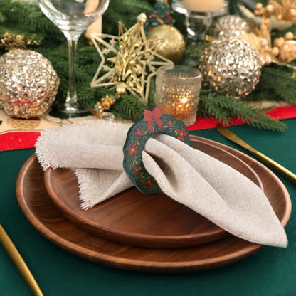 Christmas Wreath Birch Wood Napkin Rings 12Pcs - Green Holiday Table Decor