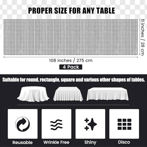 Silver Disco Party Table Runner 6 Pack, 11 x 108 Inch Glitter Sequin Decor