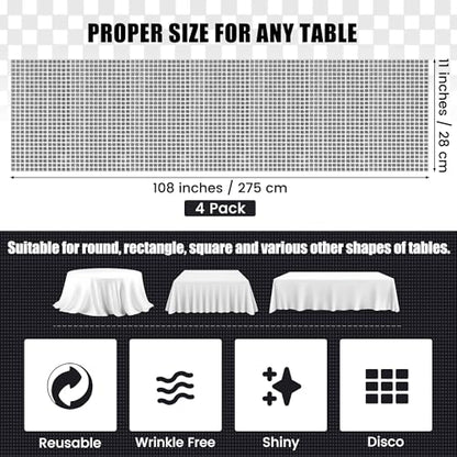 Silver Disco Party Table Runner 6 Pack, 11 x 108 Inch Glitter Sequin Decor