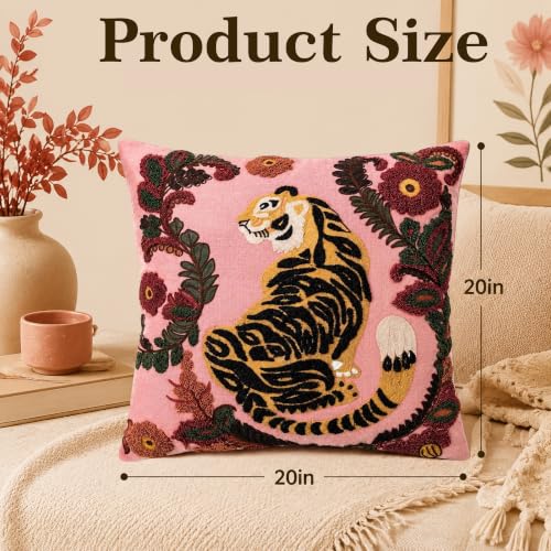Embroidered Tiger Throw Pillow 20x20 Inch Decorative Cushion