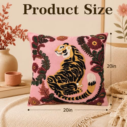 Embroidered Tiger Throw Pillow 20x20 Inch Decorative Cushion