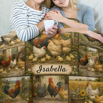 Farmhouse Chicken Blanket with Name Personalized Flannel Throw - Custom Gift