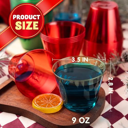 144 Pack Christmas Clear Disposable Plastic Cups - Red & Green 9oz Bulk Drinking Glasses