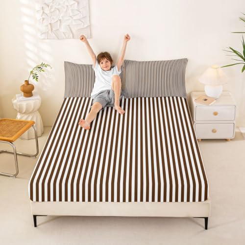 Brown White Stripe Bed Sheets Queen Size Bedding Set with Deep Pockets