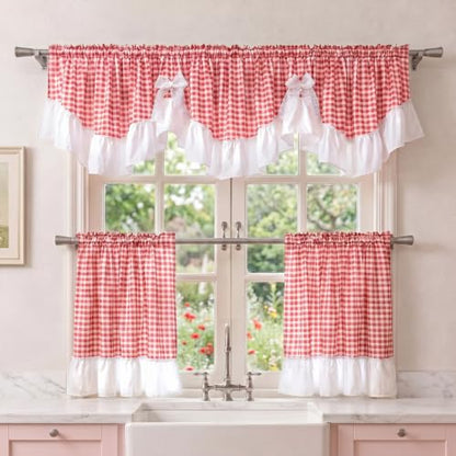 Red Gingham Ruffled Farmhouse Curtain Set - 3 Pieces, Valance 60x18 & Tiers 30x36, Variation of THIS listing