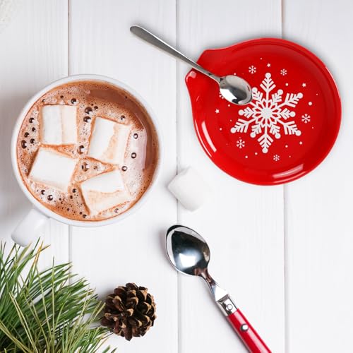 Christmas Snowflake Ceramic Spoon Rest - Red & White Holiday Kitchen Decor - 4.7 Inch