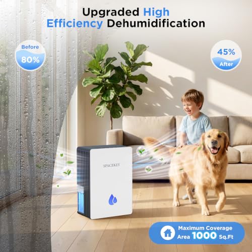 Spacekey Water Tank Dehumidifier with Drain Hose - 95oz Capacity, Quiet, Timer, Aromatherapy, Grey & White - Suitable for 1000 Sq.Ft