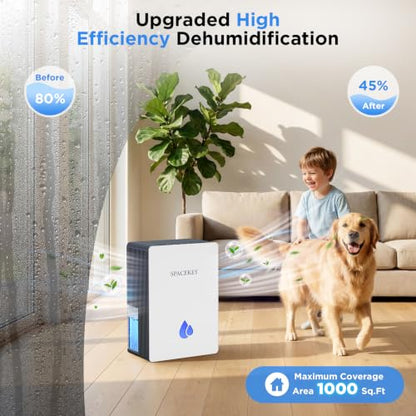 Spacekey Water Tank Dehumidifier with Drain Hose - 95oz Capacity, Quiet, Timer, Aromatherapy, Grey & White - Suitable for 1000 Sq.Ft