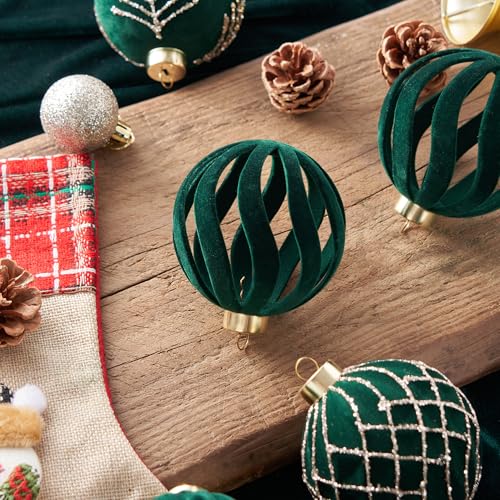Christmas Balls Ornaments Set 12 Pcs White Flocked Decorations for Xmas Tree Holiday Wreath (Christmas Green & Gold)