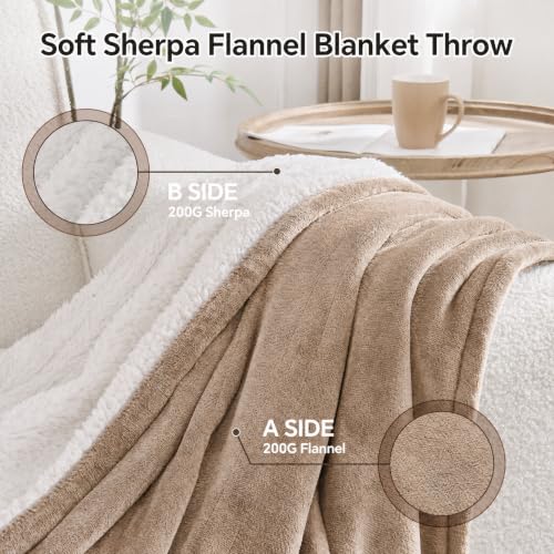 Electric Heated Blanket Throw - 50x60in Flannel Sherpa Cozy Warm Bedding - Khaki