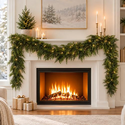 9FT Pre-Lit Christmas Garland with Lights, Real-Touch Cedar Greenery, Large Branches - Indoor Outdoor Decor