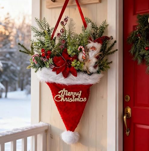 Christmas Wreath with Santa Hat Lights for Front Door & Holiday Decor