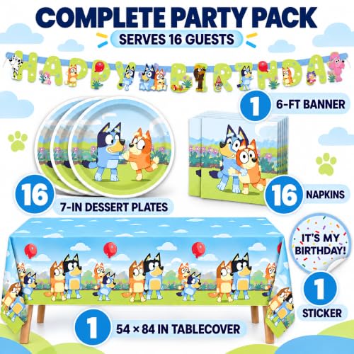 Bluey Birthday Party Supplies Set for Kids - Serves 16 Guests