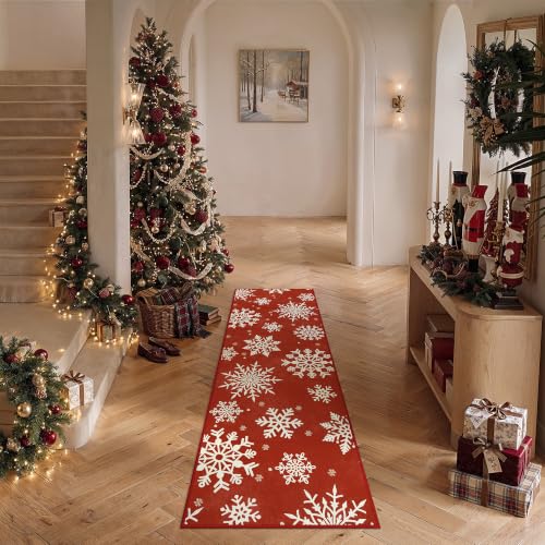 HUGEAR Red Snowflake Christmas Runner Rug 2x5ft Non-Slip Holiday Decor