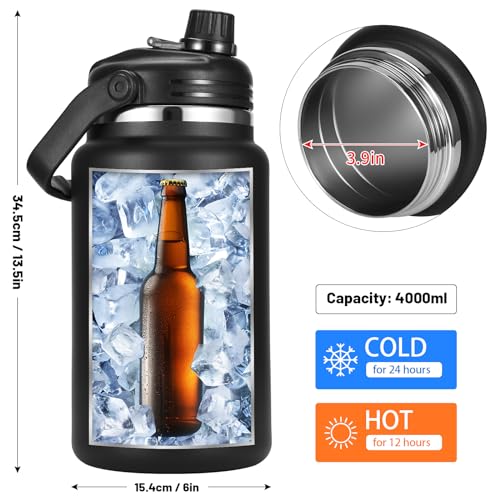 Olerd 135oz/1 Gallon Coffee Insulated Thermoses for Travel - Large Insulated Water Jug Classic Vacuum Bottle with Straw - 4.0L Stainless Steel Ice buckets for Hiking Fishing（Black）