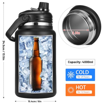 Olerd 135oz/1 Gallon Coffee Insulated Thermoses for Travel - Large Insulated Water Jug Classic Vacuum Bottle with Straw - 4.0L Stainless Steel Ice buckets for Hiking Fishing（Black）