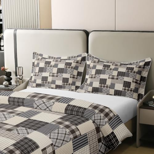 Vintage Patchwork Plaid Cotton Duvet Cover Set King Brown Grey Checkered Bedding