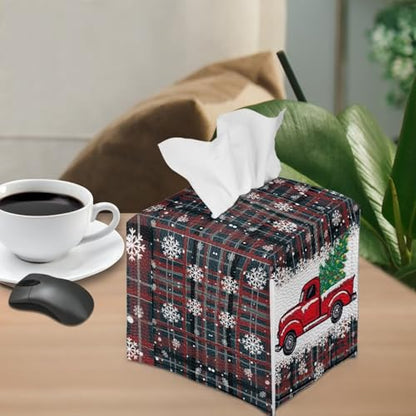 Christmas Truck Tissue Box Cover Cube - Modern Xmas Decor, Napkin Dispenser