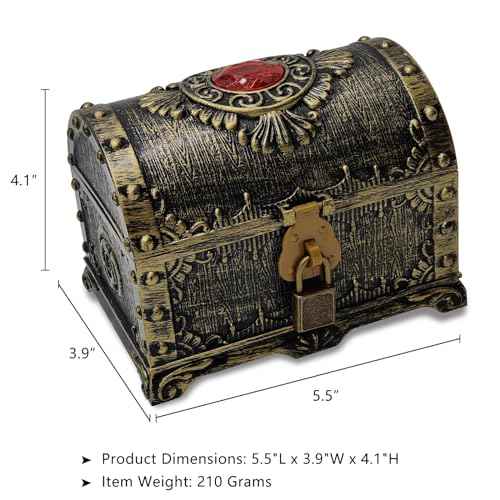 Kids Pirate Treasure Chest Storage Box,Red Rhinestone Inlaid Top Decorative Pirate Chest with Lock and Key for Kids Birthday,Halloween, Christmas Pirate Party Favors