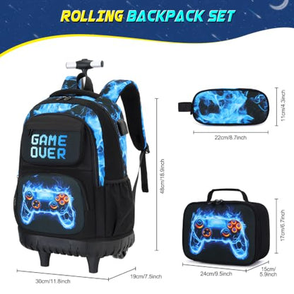 Kids Rolling Backpack Set with Lunch Bag & Pencil Case - Gamer Design, Durable & Water-Resistant, School & Travel Use