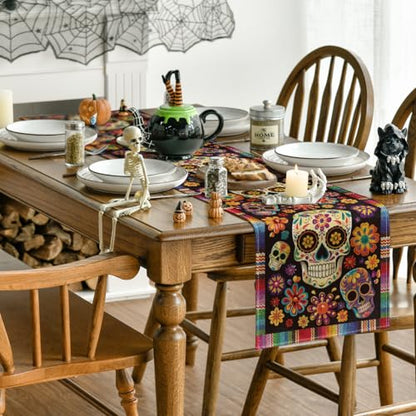 Flowers Sugar Skull Mexican Day of The Dead Table Runner - Red & Blue 13x90 Inch