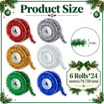 79Ft Multicolor Christmas Tinsel Ribbon Set - 6 Colors, Metallic Wire Garland