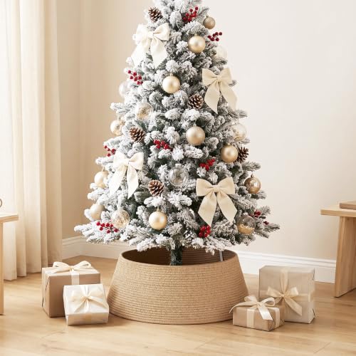 Brown Adjustable Woven Cotton Rope Christmas Tree Collar - Rustic Wicker Skirt for Artificial Trees