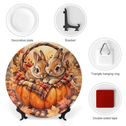 Cute Autumn Pumpkin Rabbits Decorative Bone China Plate 8in - Style 1
