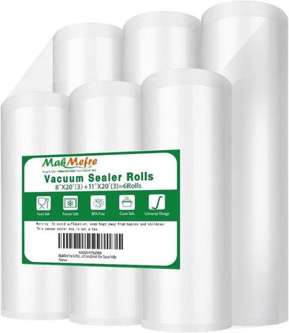 MakMeFre Vacuum Sealer Bags - 6 Pack of 8"x20' & 11"x20' Rolls | BPA Free, Commercial Grade, Puncture Resistant